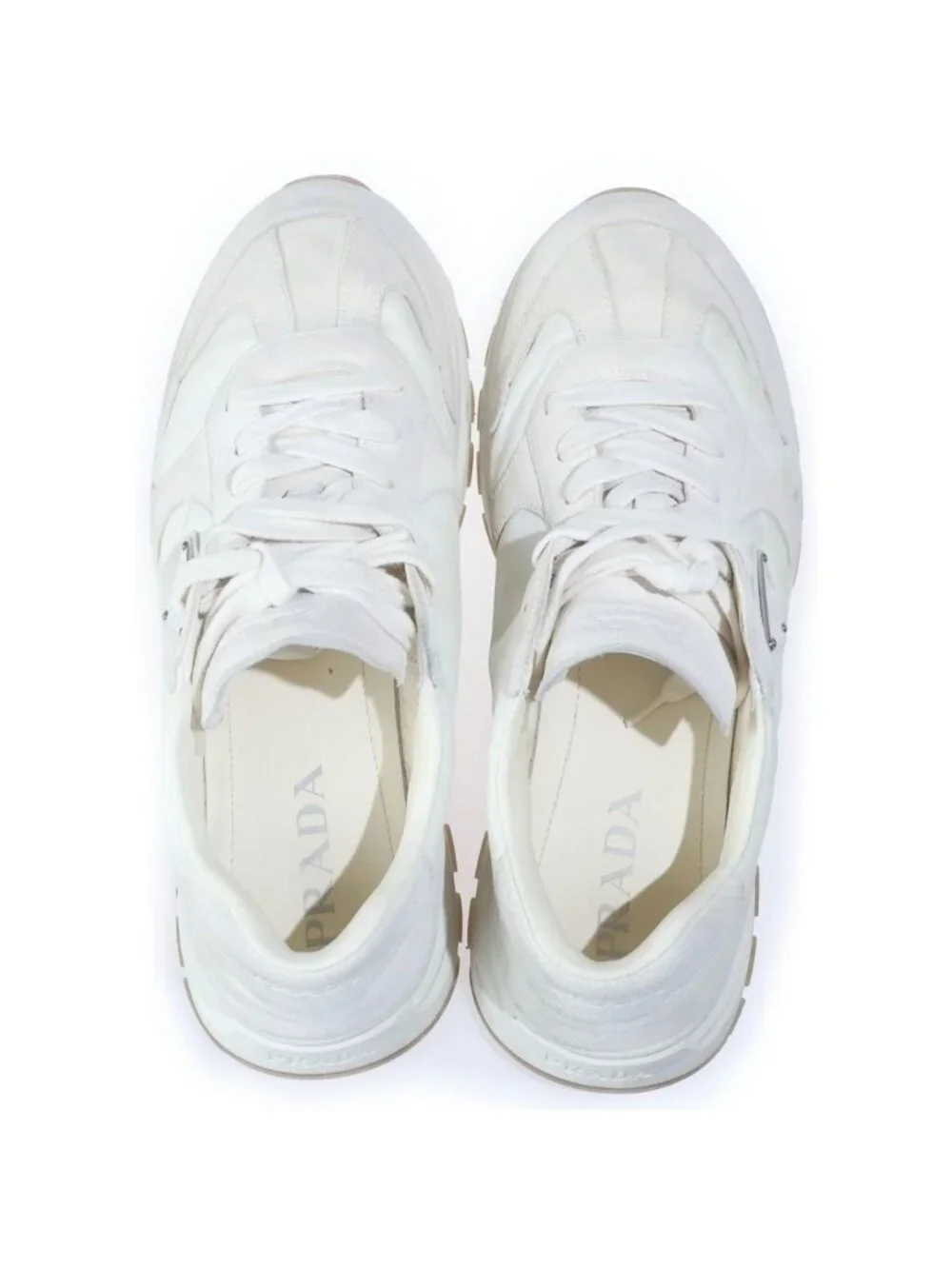 Prada Scamosciato Nylon Suede Linylon Triangle Logo Low Cut Sneakers White